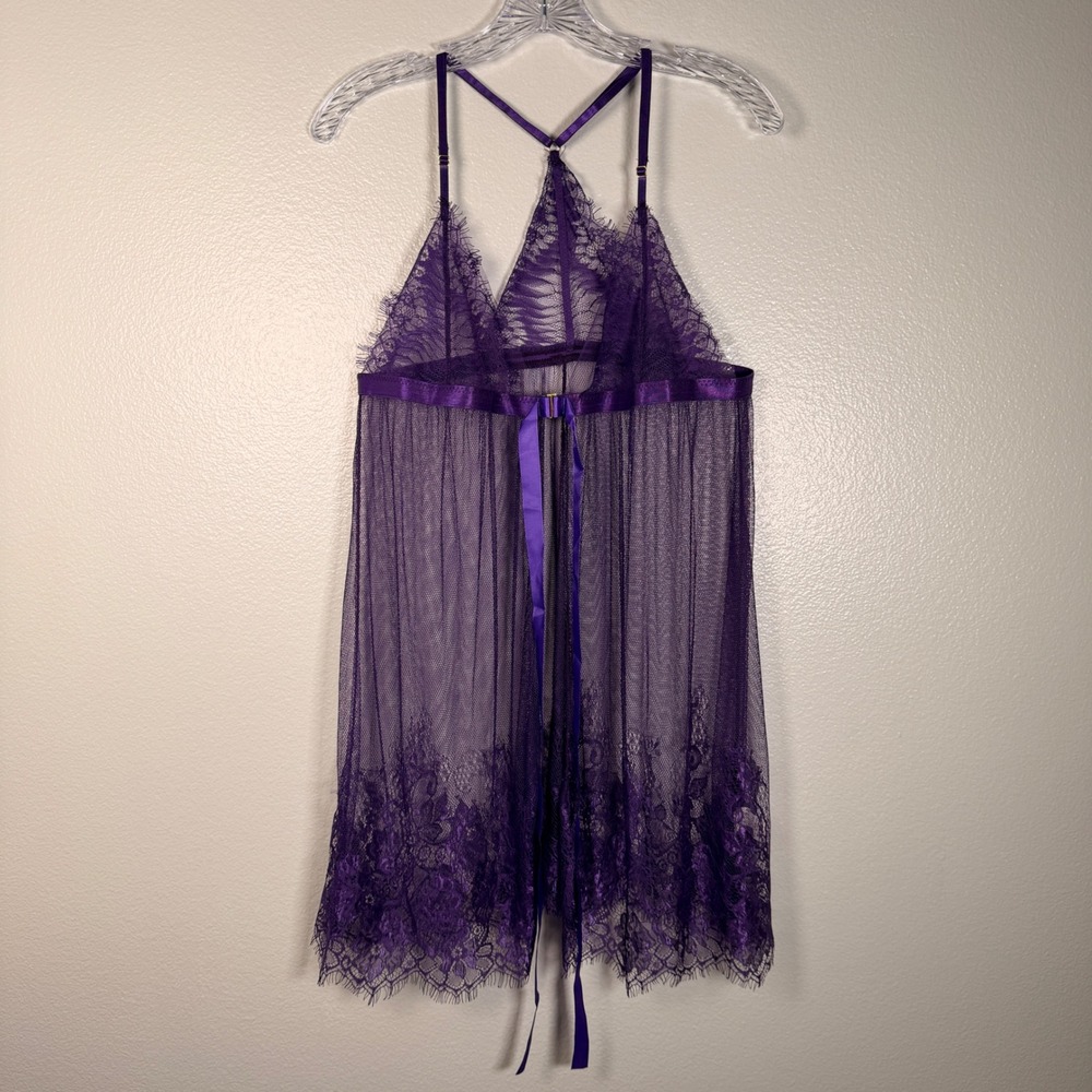 Y2K Purple Sheer Lace Babydoll Slip Dress Lingerie Satin Tie XXL